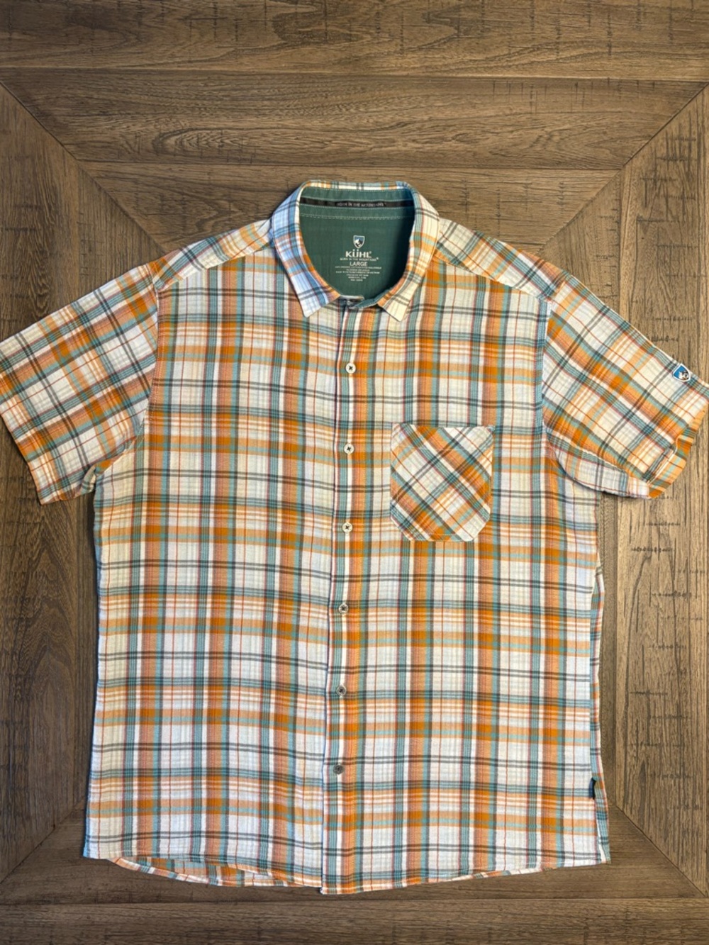 Kuhl Men’s Organic Cotton Orange/Green Plaid Button-Down Short Sleeve Shirt Lg